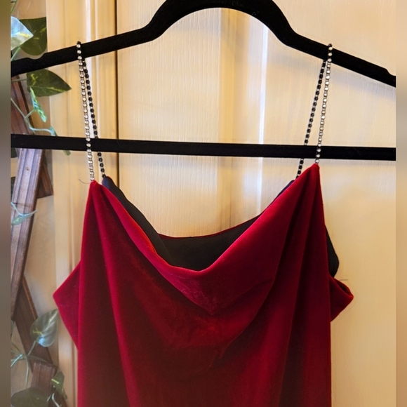 Vintage Red Velvet Cocktail Dress - Cowl Neck Line & Rhinestone Straps - Picture 2 of 4